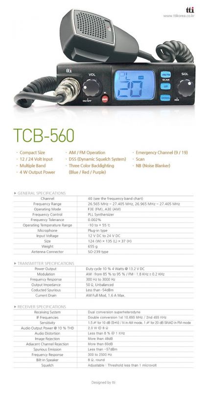 TTI TCB-560, 12/24V ASQ AM/FM Радіостанція CB